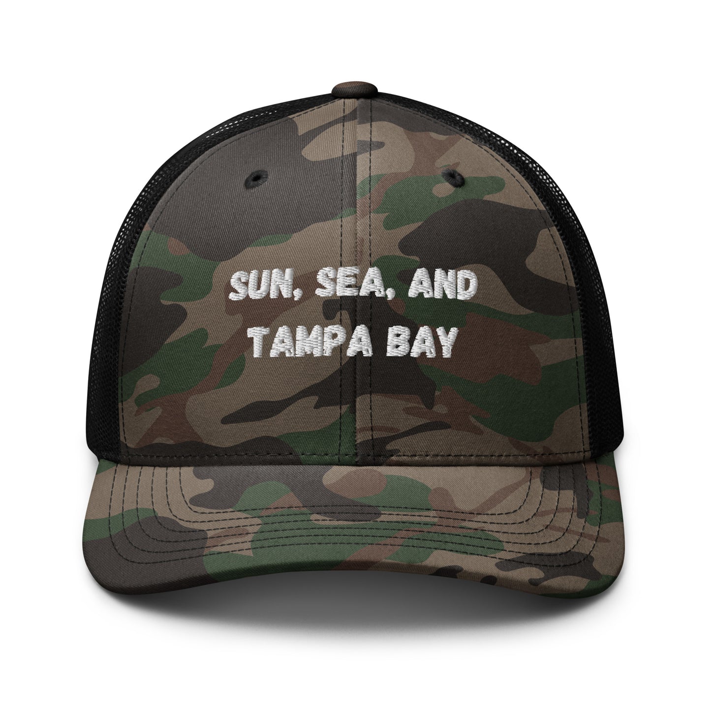 Sun, Sea, and Tampa Bay Trucker Hat - Camo Front